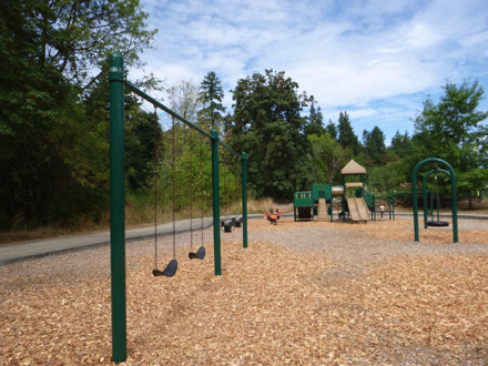 Playgrounds with a paved access ramp leading to bark chip surface